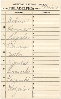 1956 Philadelphia Phillies Line Up Card from May 30, 1956